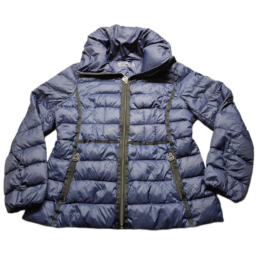 Michael Kors Packable Puffer Jacket Womens Large Navy Down Lightweight Full Zip